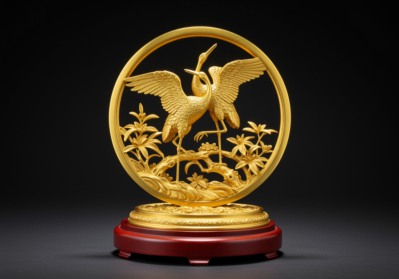 Đĩa tùng hạc diên niên mạ vàng