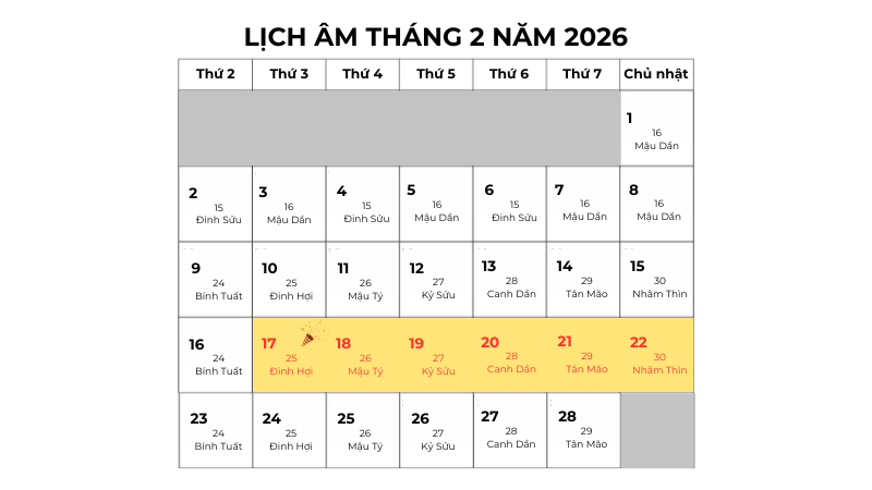 Còn bao nhiêu ngày nữa đến Tết Nguyên Đán? Hình ảnh lịch âm tháng 2
