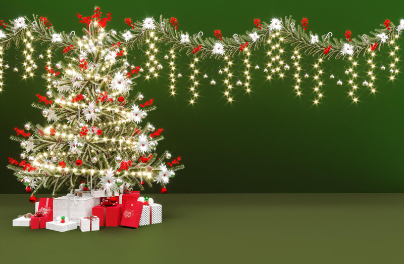 Alt: Hình backdrop trang trí Noel văn phòng tại góc làm việc.