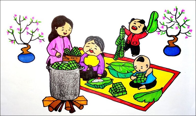 Alt: Trang trí Tết mầm non với tranh vẽ Tết của trẻ.